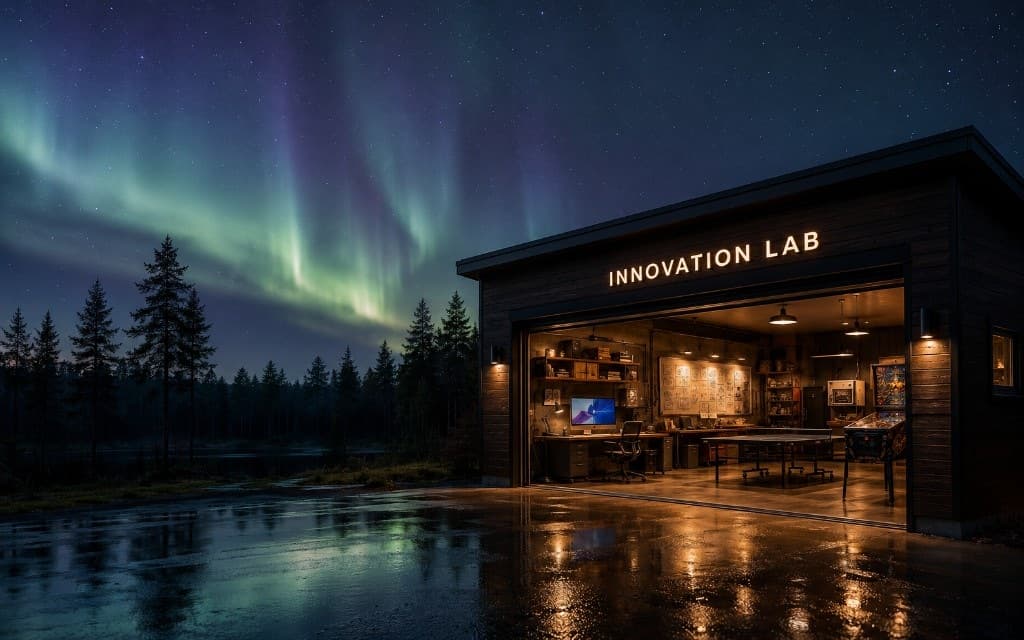 SNG Labs Innovation Lab at night: a garage workspace under an aurora-filled sky, with an Innovation Lab sign, warm interior lighting, desk and computer, ping-pong table, pinball machine, trees, and driveway reflections.